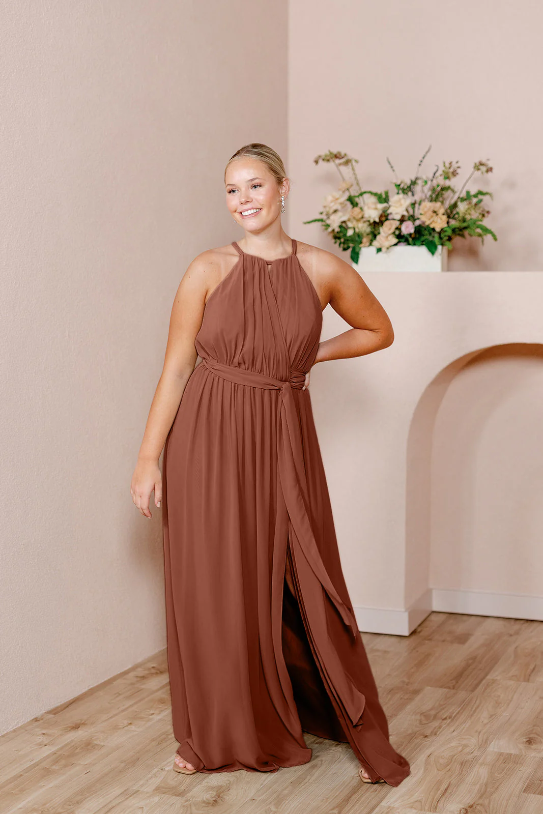 Eliza Chiffon Faux Wrap Dress Cinnamon Rose | Ready To Ship