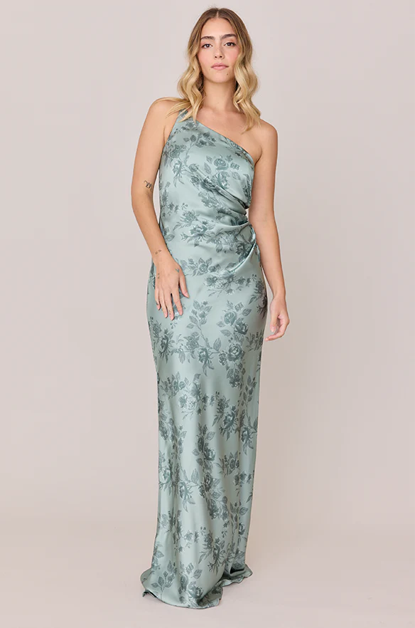 Jade Satin Floral Print Dress | Made To Order - Image 9