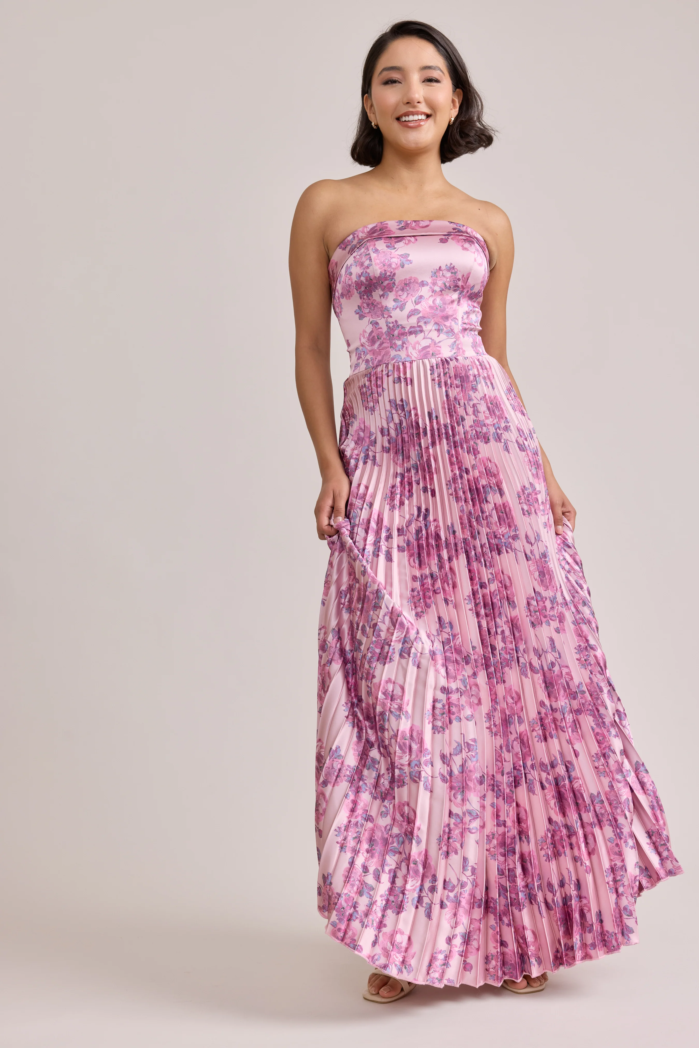 Saylor Satin Pleated Floral Print Dress | Made To Order - Image 76