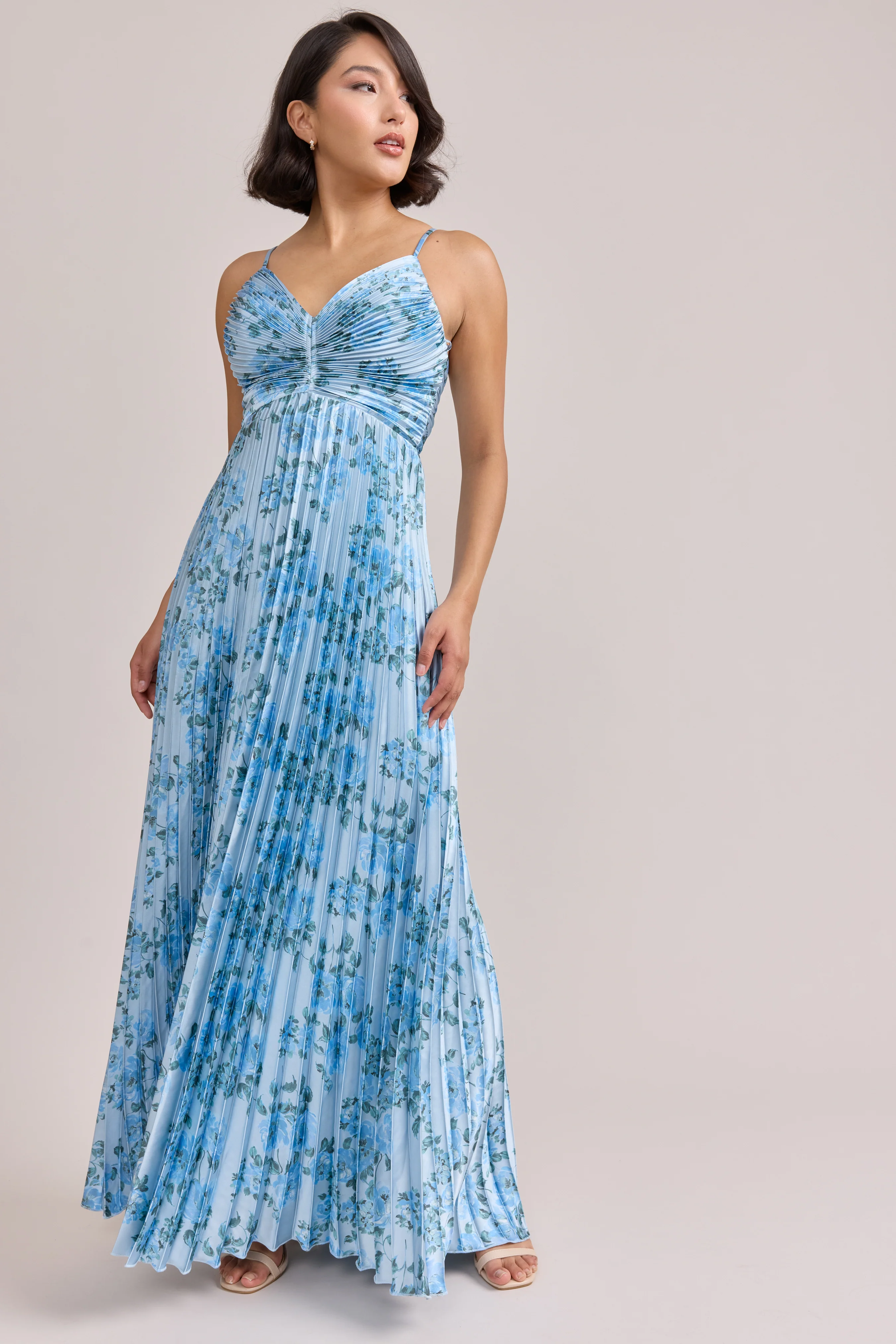 Vivian Satin Pleated Floral Print Dress | Made To Order - Image 45